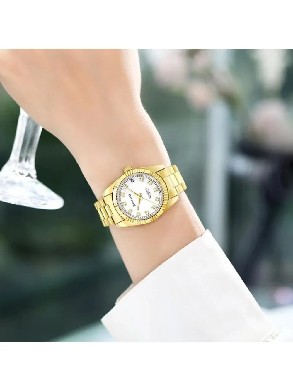 Women's Gold White Crystal Accented Dial Solid Stainless Steel Band Wrist Watch
